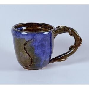 Studio Pottery Mug Vine Handle Blue Brown Glaze Hand Thrown Kelly Cski Signed